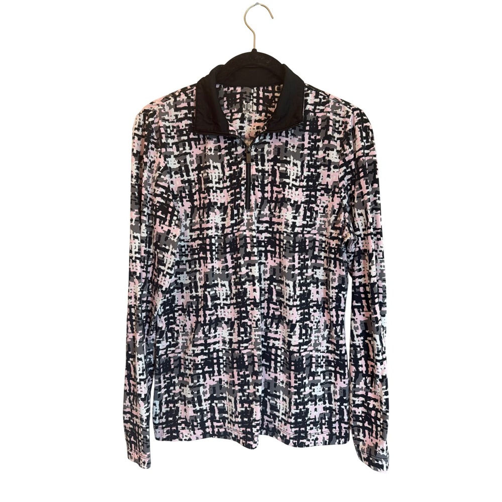Tail White Label Womens Medium Pink Black Abstract Grid Quarter Zip Pullover Top